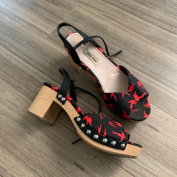 Miu Miu Shoes - Miu Miu Bird Print Wooden Block Heel Sandals